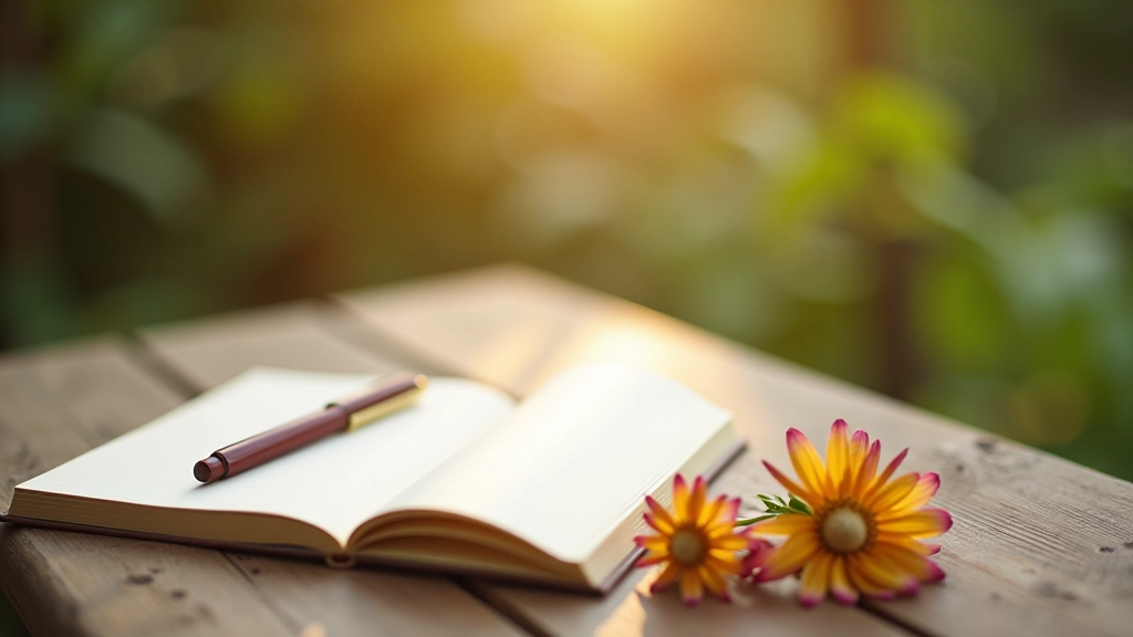 Gratitude practice with journal and flowers on wooden table, peaceful morning wellness setup