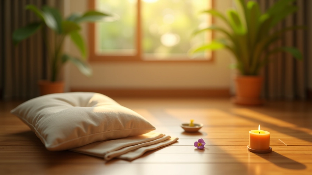 Close-up of meditation cushion on wooden floor with incense holder and small plant nearby