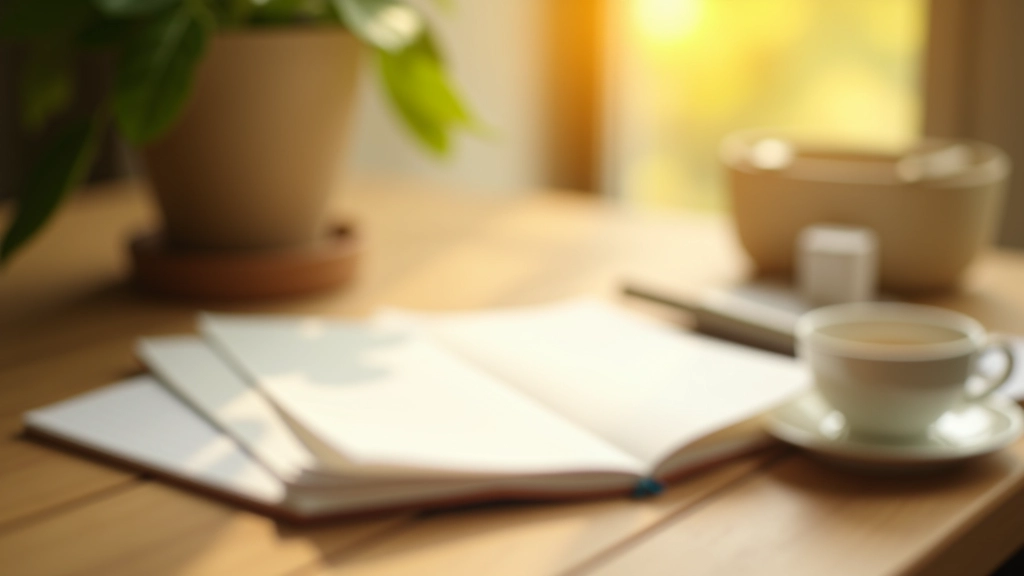 Notebook and pen on wooden table with morning light, minimalist workspace setup, peaceful writing space with tea cup nearby