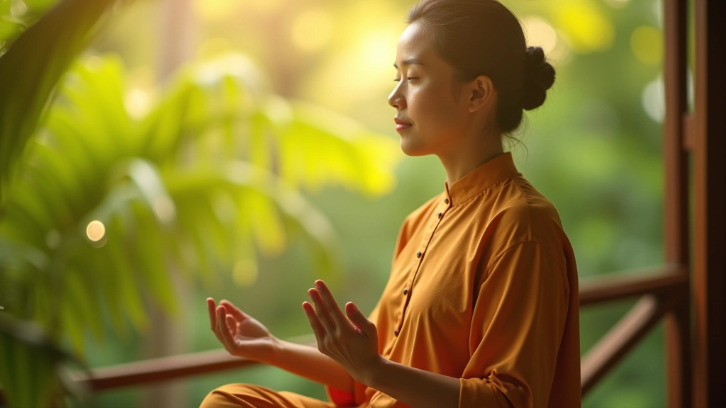Person in traditional Malaysian attire practicing meditation mudra on tropical veranda with morning light and palm surroundings