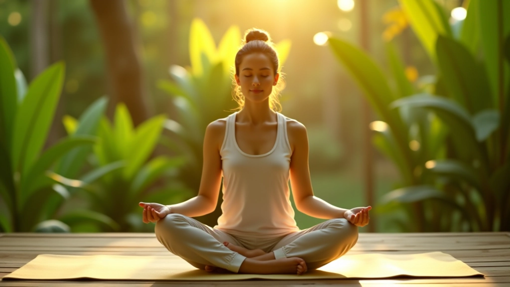 Morning meditation practice in tropical garden setting, person sitting peacefully on mat with lush greenery and soft sunrise light