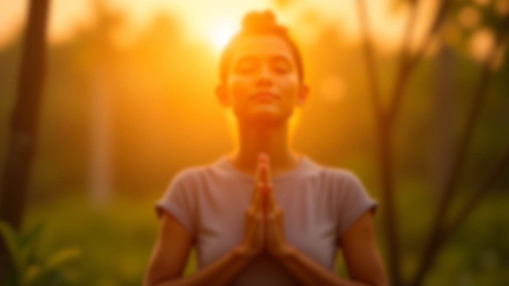 Person meditating during sunrise with hands in mindfulness gesture, peaceful tropical setting, warm morning light, serene expression