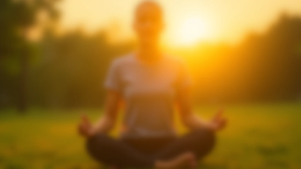 Person practicing sunrise meditation in peaceful outdoor setting with morning light and nature background
