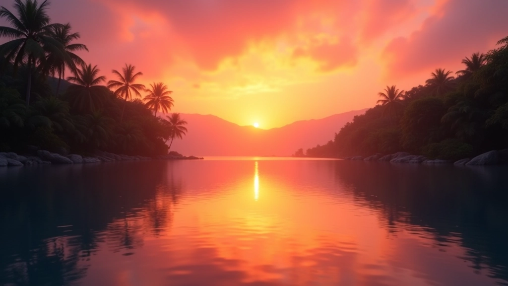 Sunrise over tropical landscape with calm water reflection, peaceful morning atmosphere, natural meditation environment with vibrant sky colors