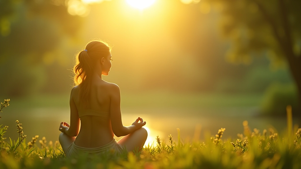 Serene morning meditation practice in peaceful natural setting with soft sunlight