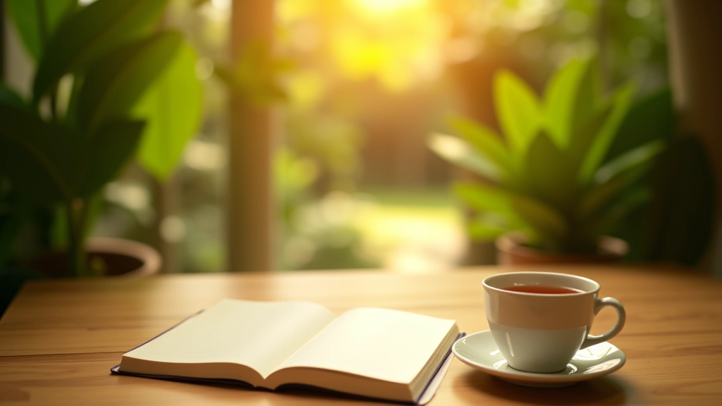 Peaceful morning ritual with journal, tea, and meditation space in natural tropical setting