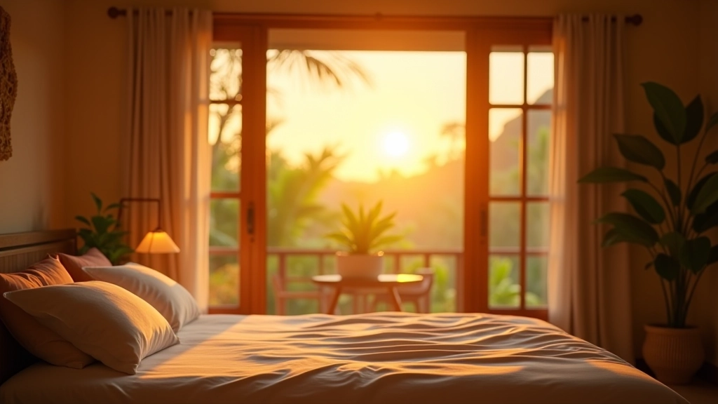 Peaceful bedroom window showing sunrise with soft pink and orange hues reflecting on walls
