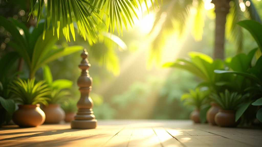 Morning sunlight filtering through palm tree leaves casting dappled shadows on a meditation mat