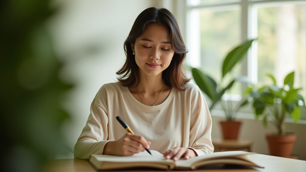 Woman writing in journal during meditation practice, peaceful home setting with plants, soft natural light from window, focused and calm expression