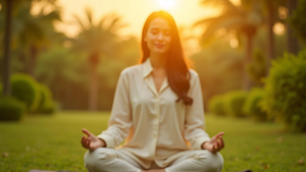 Woman meditating peacefully in tropical garden during sunrise, embodying morning wellness practice