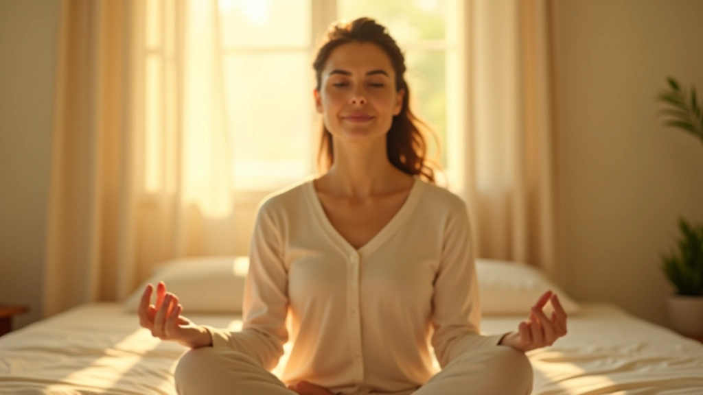 Woman practicing gratitude meditation on a peaceful morning with warm natural light streaming through windows