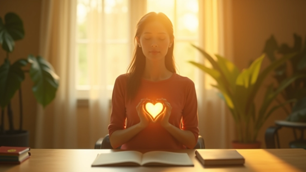 Woman practicing gratitude meditation with hands on heart during morning light