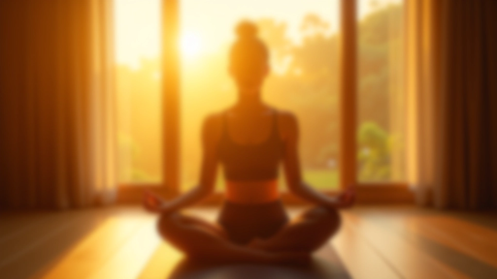 Woman practicing meditation on a yoga mat during sunrise with soft golden light streaming through windows